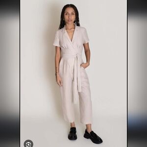 NWT Neranese Stone Jumpsuit Women's Small Tan Linen Tencel Pockets Short Sleeve